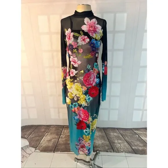 AFRM Black Aqua Rose Nude Floral Mesh Turtleneck Shailene Maxi Dress Size Small - Picture 4 of 13